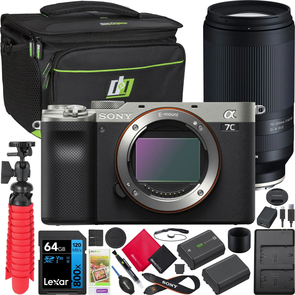 &Dual RXD A047 &Kit Card+ Accessories Battery Extra Body Tamron + Charger+ Bag Di F4.5-6.3 a7C Full Tripod Gear with III Sony Camera Bundle 70-300mm Mirrorless Lens ILCE-7C/S Deco Frame 64GB Silver +