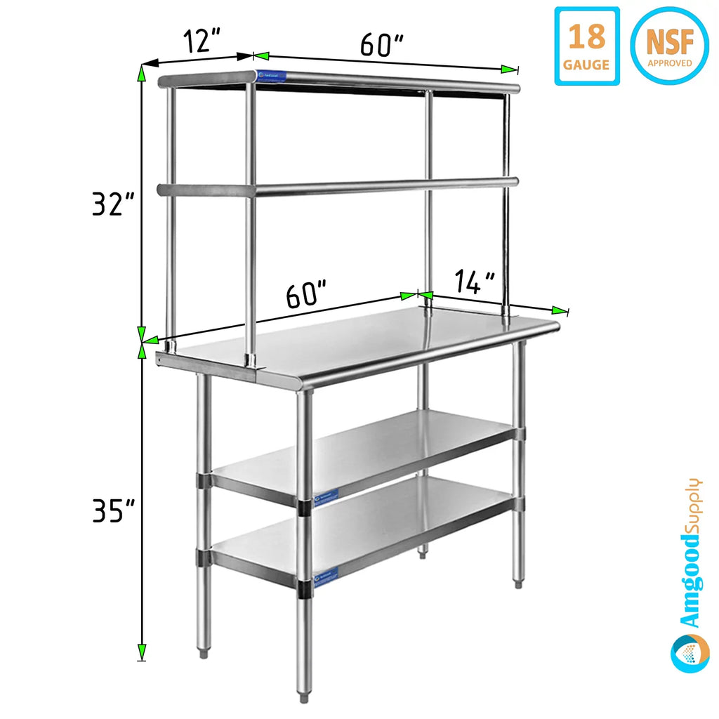 Steel Work 12" Table Double Kitchen x & Two Table 14" Wide Shelving Tier Overshelf | Shelves Prep With Metal Combo 60" | Stainless
