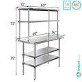 Steel Work 12" Table Double Kitchen x & Two Table 14" Wide Shelving Tier Overshelf | Shelves Prep With Metal Combo 60" | Stainless
