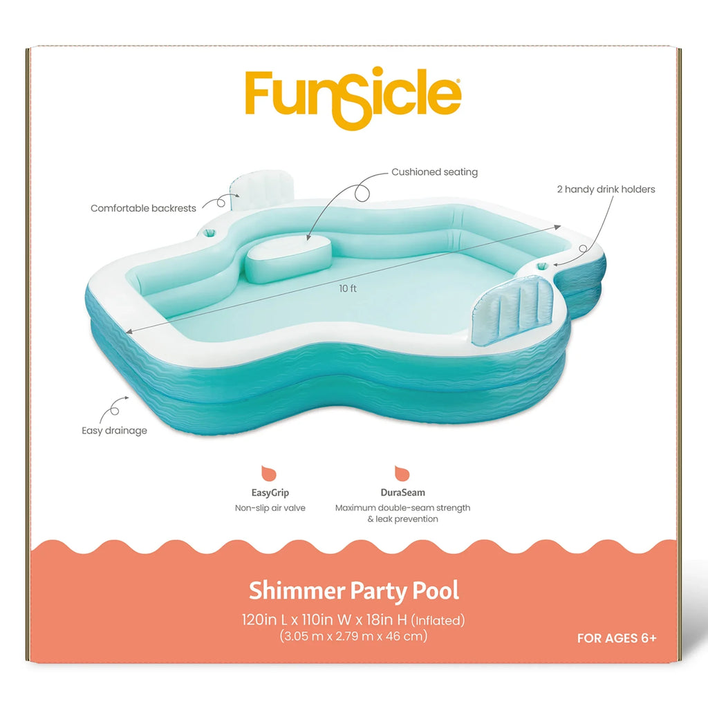 Inflatable Outdoor Party Holders, Funsicle: Cup Pool White, Lounge Comfortable Backrests, 10ft Teal - Pool, & 120x110x18", Shimmer Pool Family