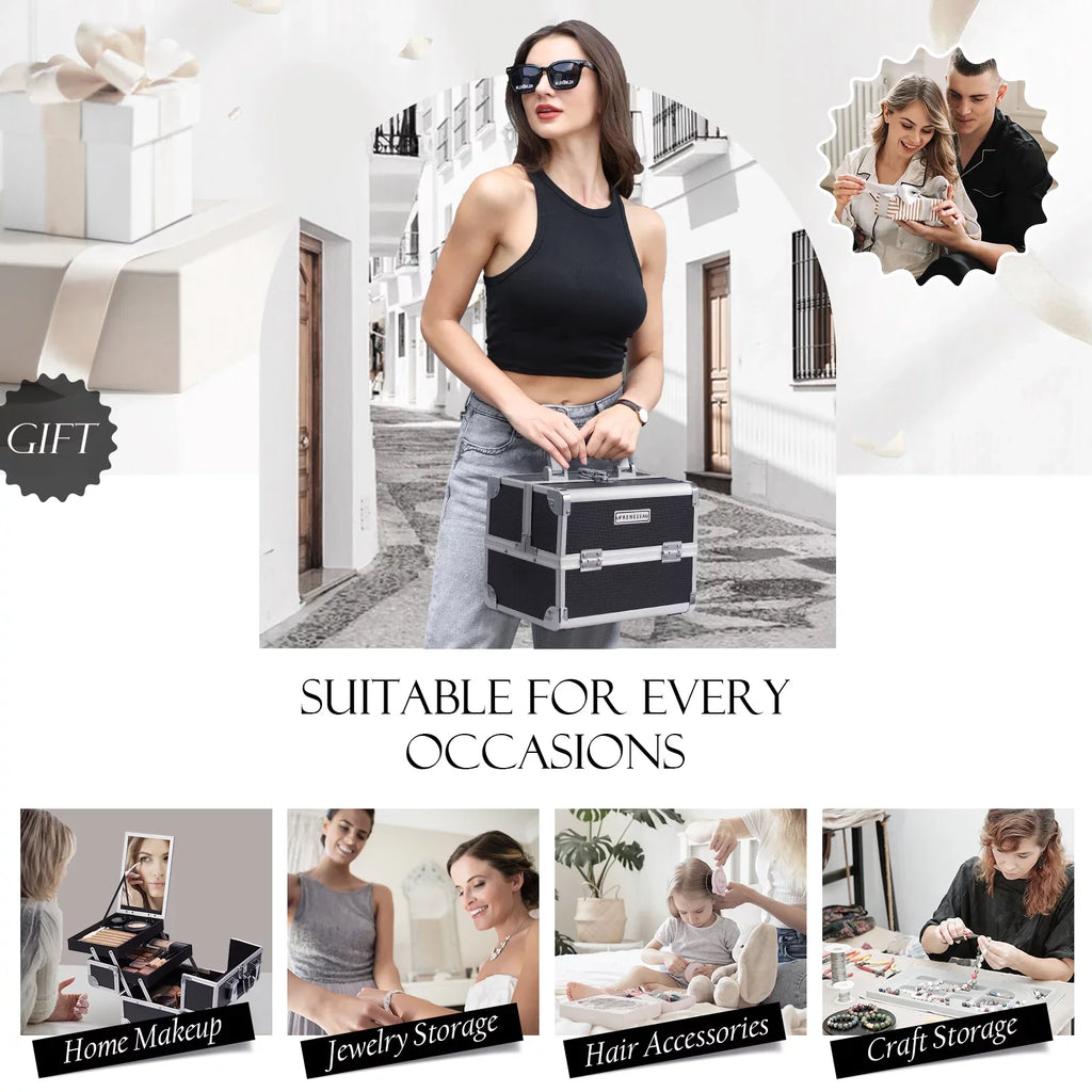 Lockable Storage Makeup Case with Train Cosmetic Makeup Mirror Joligrace Organizer Trays Box 2 Case