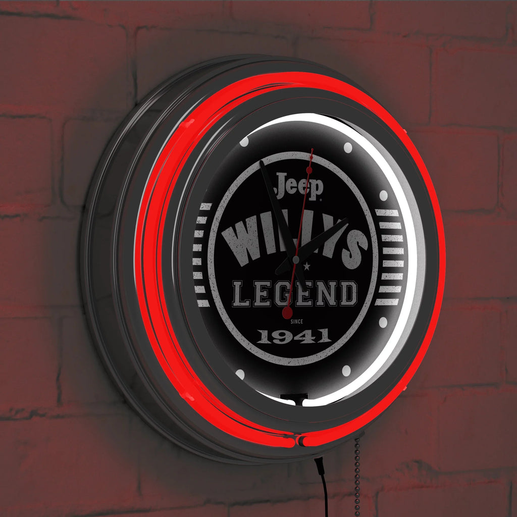 (Red) Accessories Pull Neon with or Willys Double Clock-Jeep Man Wall Clock Legend Cave Chain-Pub, Rung Analog Garage, Black