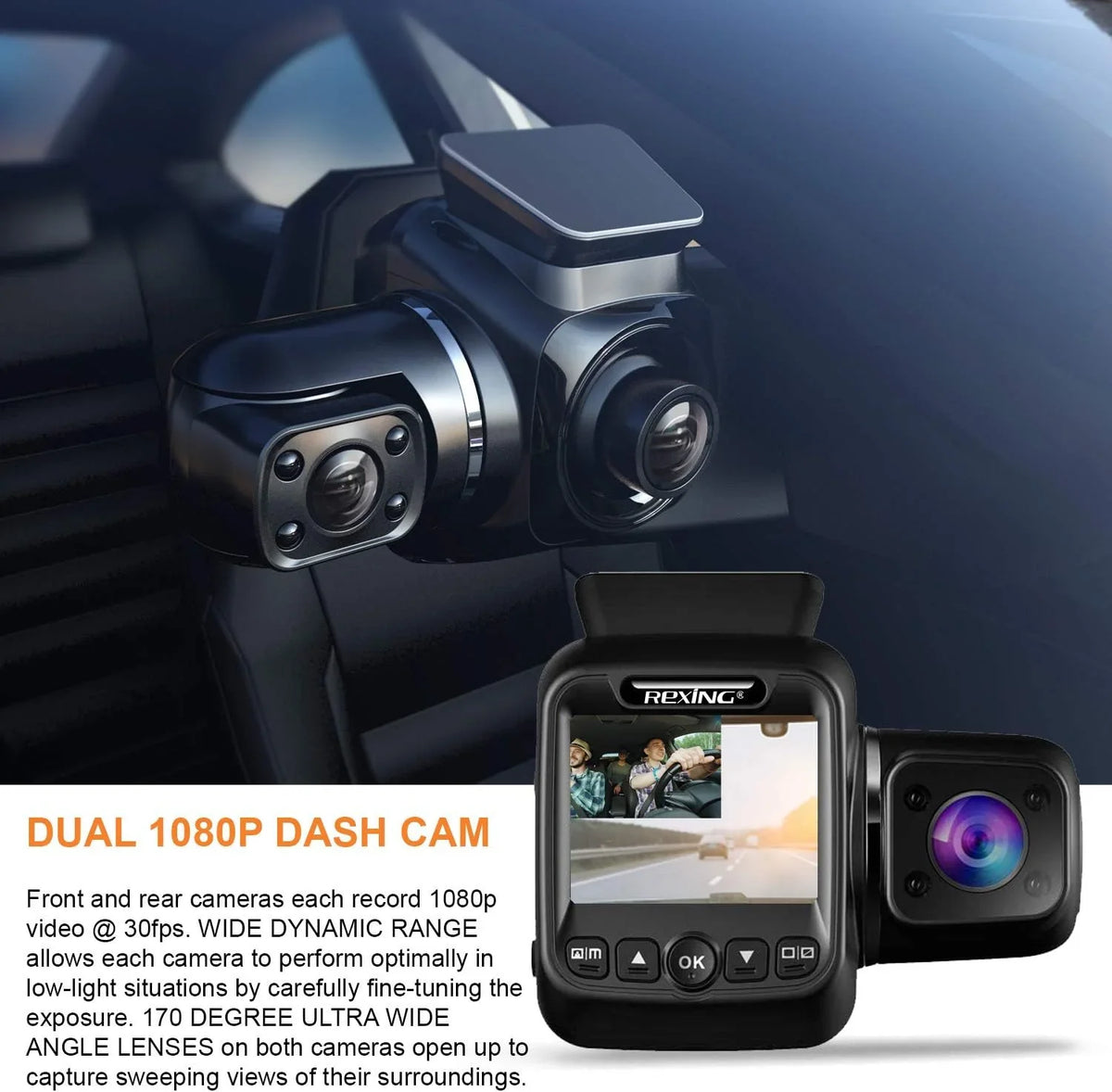 Dash Box 1080p Cam 2” BLACK Max LCD Mini Camera Rexing - 128GB Open W202 Front/Cabin Dual
