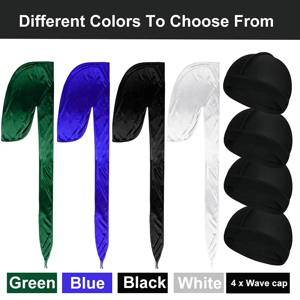 Silky and Waves Durag for Tail Headwraps Wave Cap Silk Men 4 Perfect Pcs Pcs Long with 4 ASKNOTO 360