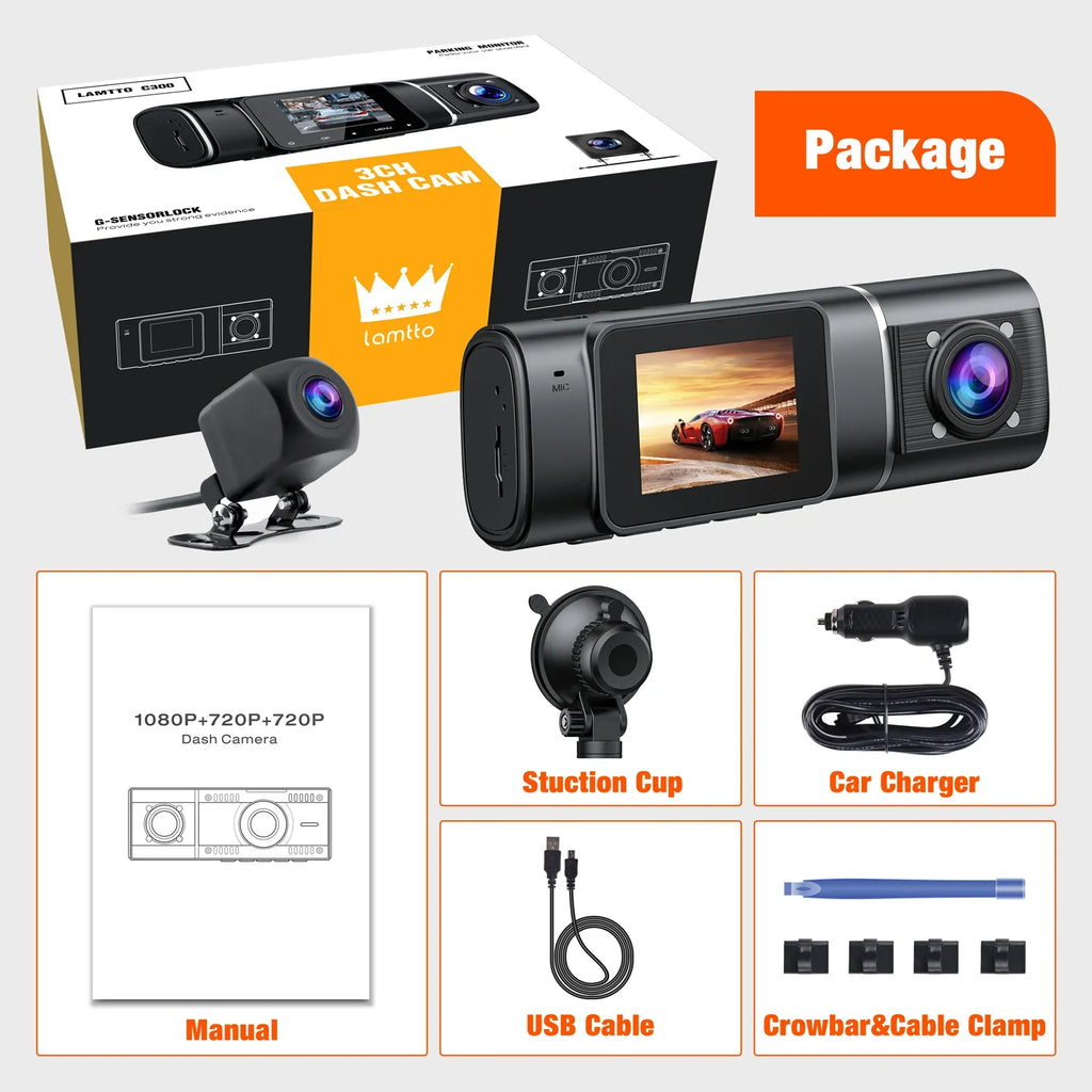 Dash Vision Camera Front Parking Inside Rear Way Three Camera Motion 3 Triple TOGUARD IR Detection Accident Car Monitor with and Cam Dash Channel Lock Night 1080P