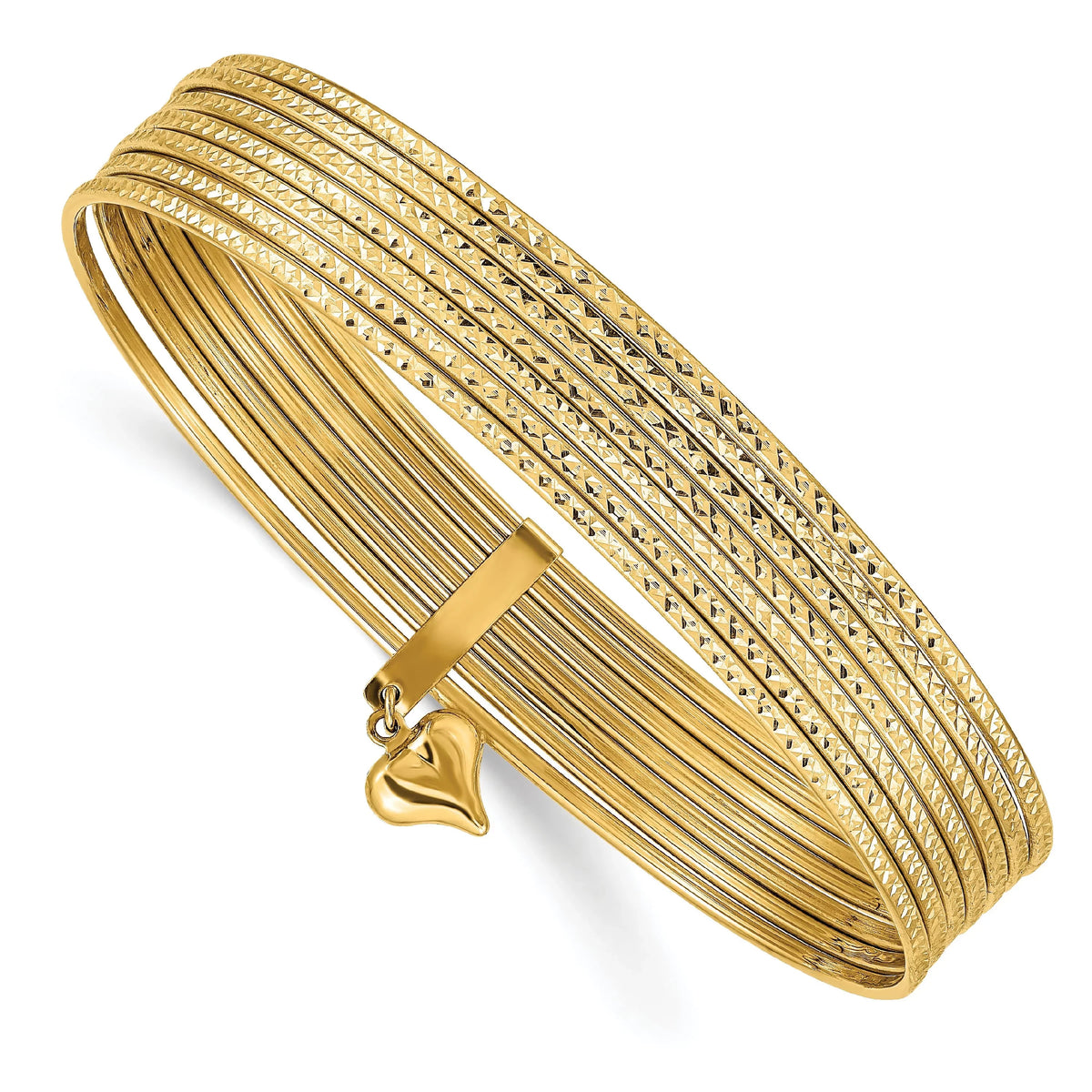 Beautiful w/ Textured 14K Bangles Slip-on 7 Dangle Set of Heart
