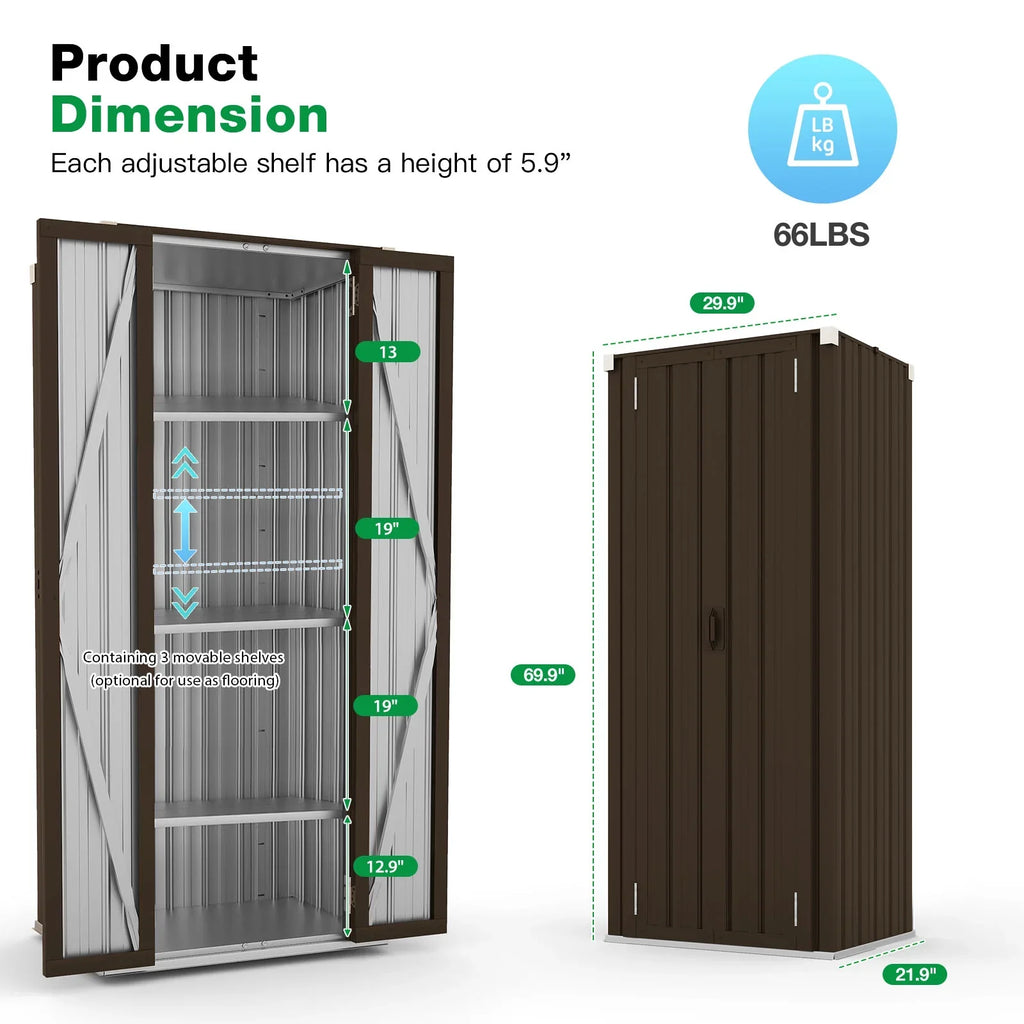 and Garden Garage& Shelves with Metal 70" YODOLLA Brown for Storage in Cabinet Organizer Storage Shed Indoor Doors Outdoor/