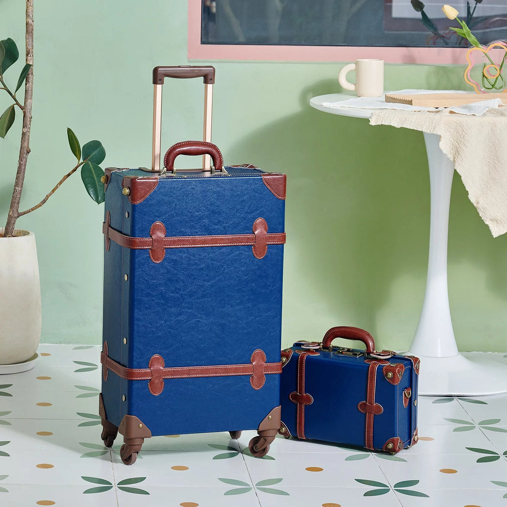 24"+12",Blue Sets Women Wheels CO-Z Spinner Carry Travel Vintage On 2 Suitcase Luggage for with Trunk Piece, Combination of