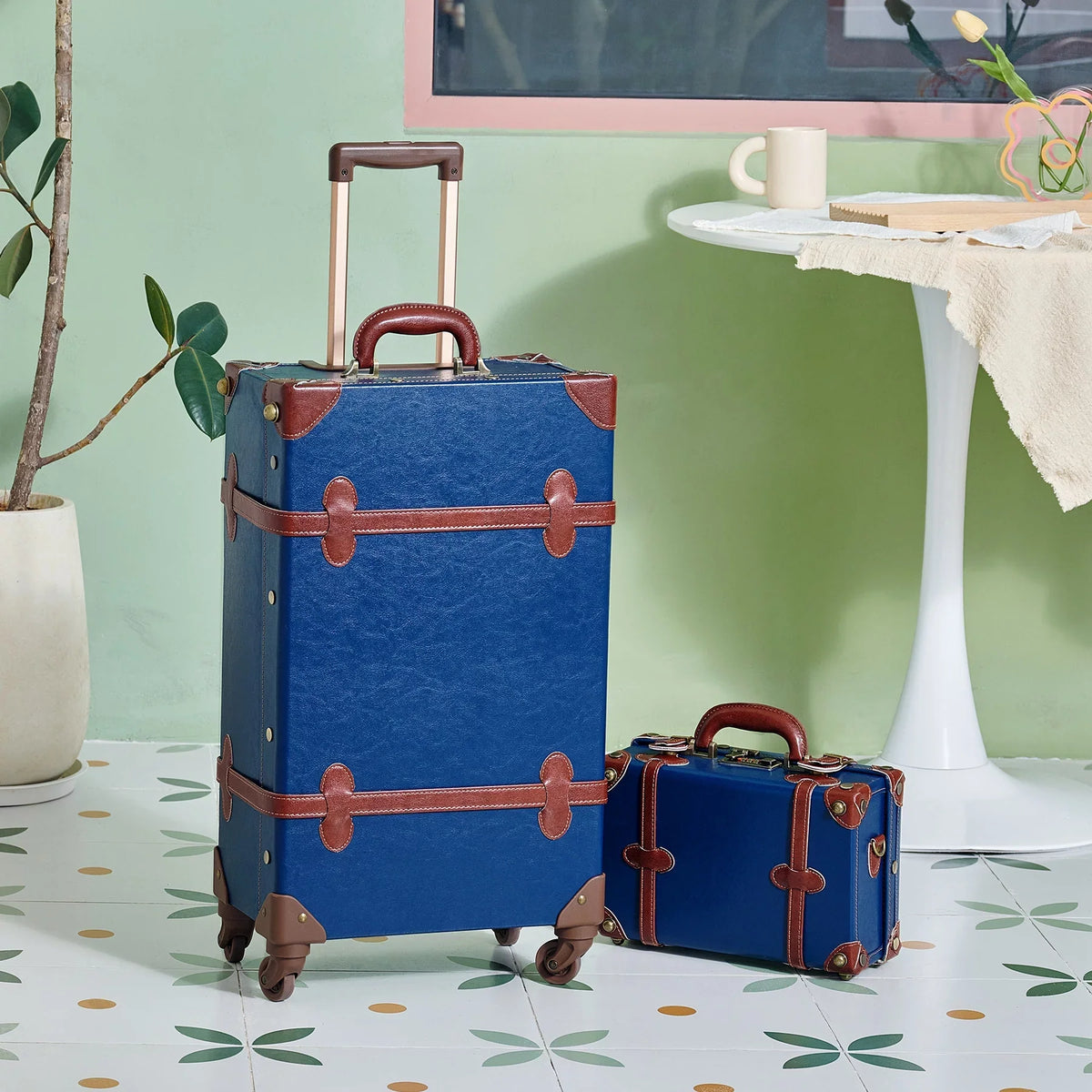 24"+12",Blue Sets Women Wheels CO-Z Spinner Carry Travel Vintage On 2 Suitcase Luggage for with Trunk Piece, Combination of