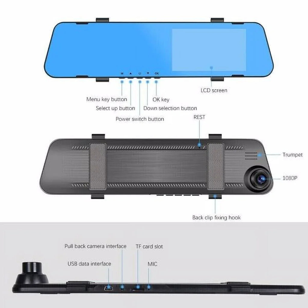 Car Rear Dual 1080P Rearview Video Front Dash Mirror HD Camera DVR Teledu Cam Recorder