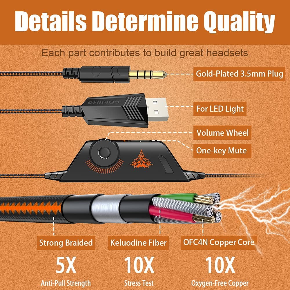 Earmuffs Mic, Cancelling LED G9000 Gaming One Over Light, Noise PS4, Headphones for Soft (Orange) Xbox Headset with Surround, Stereo Memory PC, BENGOO Bass Ear Controller,