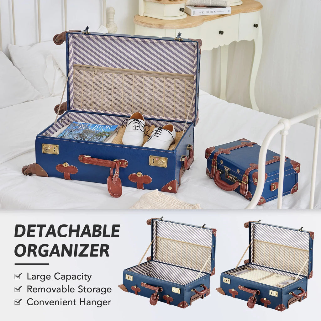 24"+12",Blue Sets Women Wheels CO-Z Spinner Carry Travel Vintage On 2 Suitcase Luggage for with Trunk Piece, Combination of