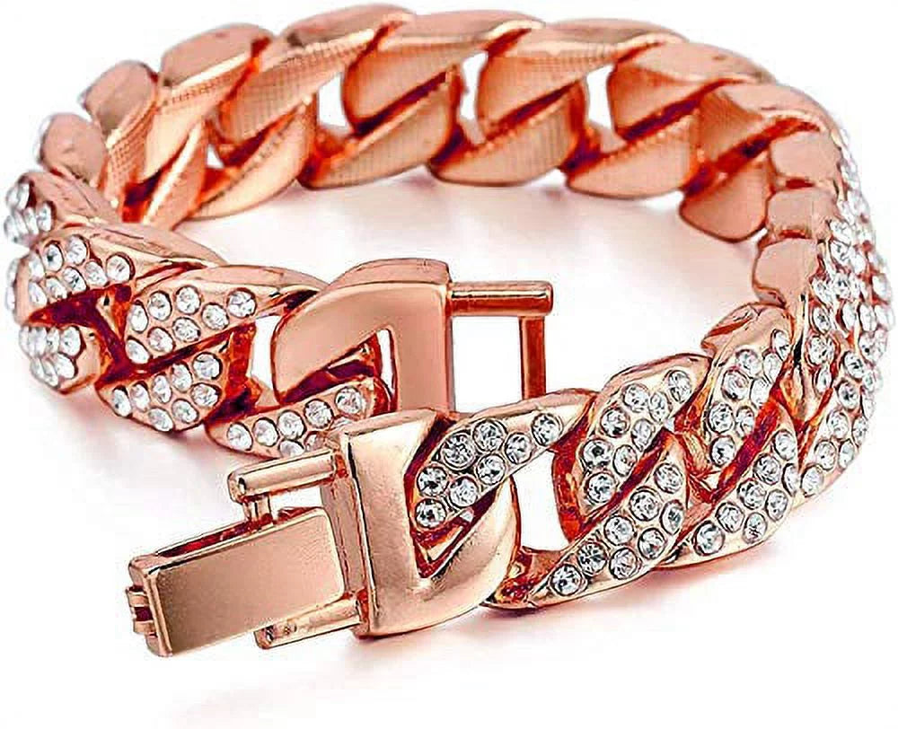 '- RN with Shiny Rocks Silver Gold) Cuban Wristwatch Fully Numerals Iced w/Blinged Colorful Big Out Silver Out Bracelet Cuban ST10327 Raymond Mens Charles Roman (Rose Dial