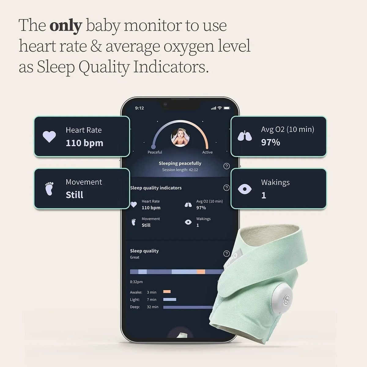 Quality Sleep Sock Oxygen O2 Indicators Portable Mint Dream - Video Rate Baby Average Owlet Green Plus - Track and Heart Monitor