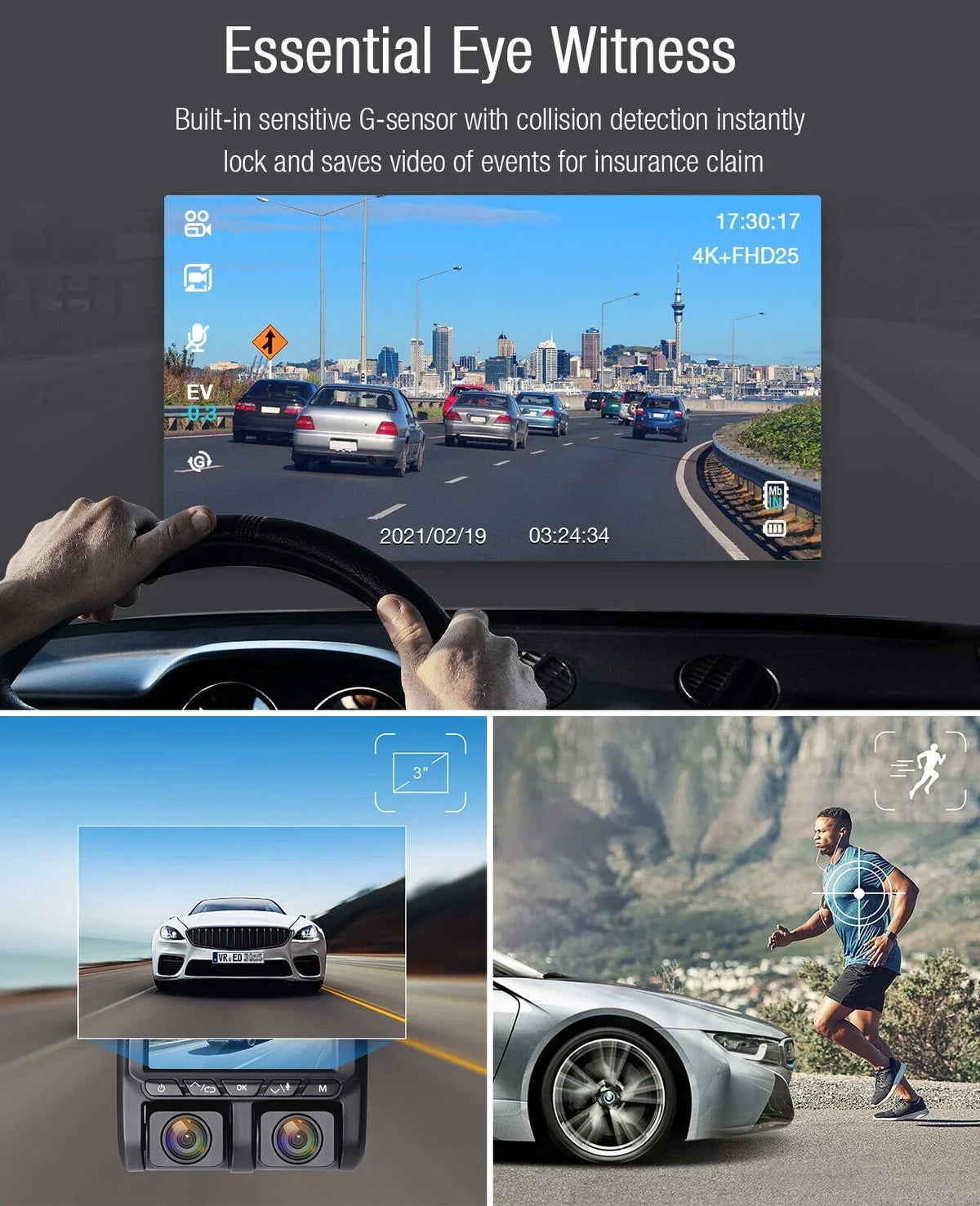 3" TOGUARD G-Sensor, Night LCD Screen Car Dual Dash Vision Recording with Monitor, Loop 1080P Dash Parking Front and Camera Cam IR Camera Inside