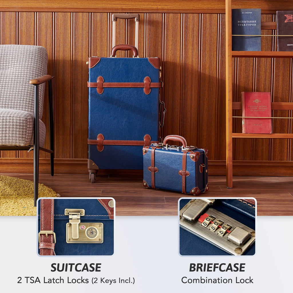 24"+12",Blue Sets Women Wheels CO-Z Spinner Carry Travel Vintage On 2 Suitcase Luggage for with Trunk Piece, Combination of