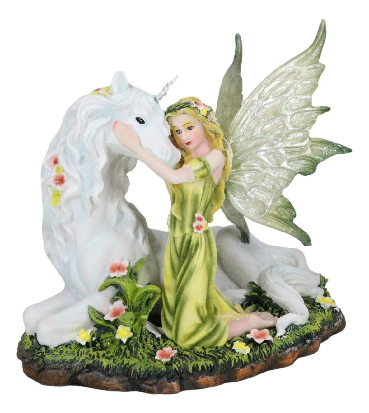 White Figurine Decor Gaia 7"L Rare Unicorn With Green Floral Statue Fairy Earth