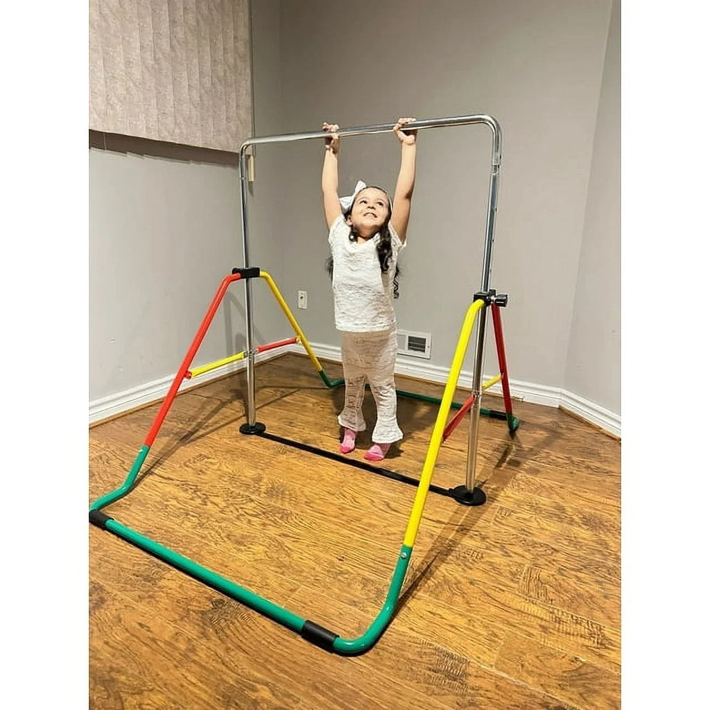 Junior Bar for Playground (Red/Yellow) Folding for Bar - Height-Adjustable Training Bar Kids' Gymnasts Bar Equipment Expandable Home Horizontal Kip - Monkey - Boys/Girls Gymnastics