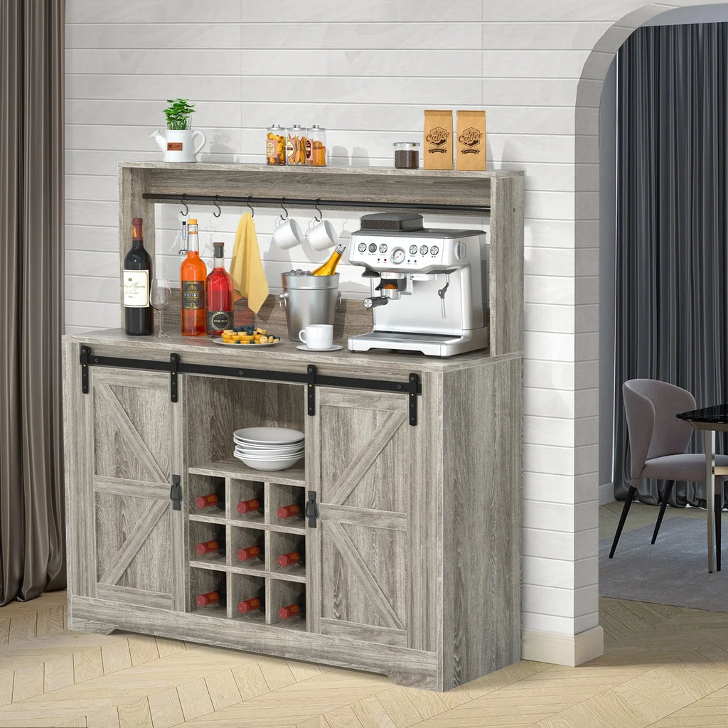 Bar Room(Gray) 6 Bar Deco Cabinet Dining Rack Urban Coffee with Storage,Liquor with Sideboard for Kitchen and Hooks Buffet