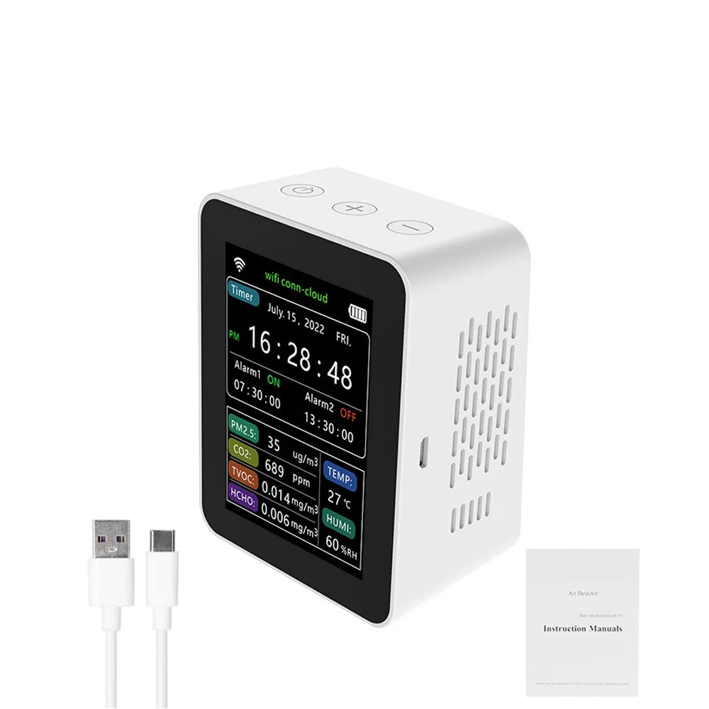 Time WiFi Indoor Viewing Mobilephone In 1 Air 6 Display Home Desktop 2 PM2.5 Remotes Humidity Moni TVOC Air Date Intelligent Detector Sets HCHO Quality Quality Week Detector Alarm Carevas APP CO2