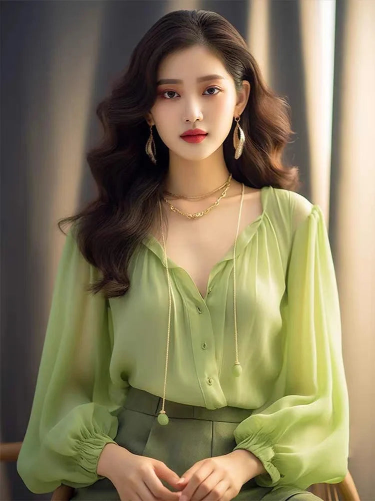 Chiffon Blouse. Style Fashionable Shirt Style Underneath. Spring Women'S With French Mint V-Neck Mambo Top
