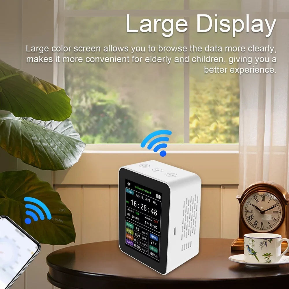 Time WiFi Indoor Viewing Mobilephone In 1 Air 6 Display Home Desktop 2 PM2.5 Remotes Humidity Moni TVOC Air Date Intelligent Detector Sets HCHO Quality Quality Week Detector Alarm Carevas APP CO2