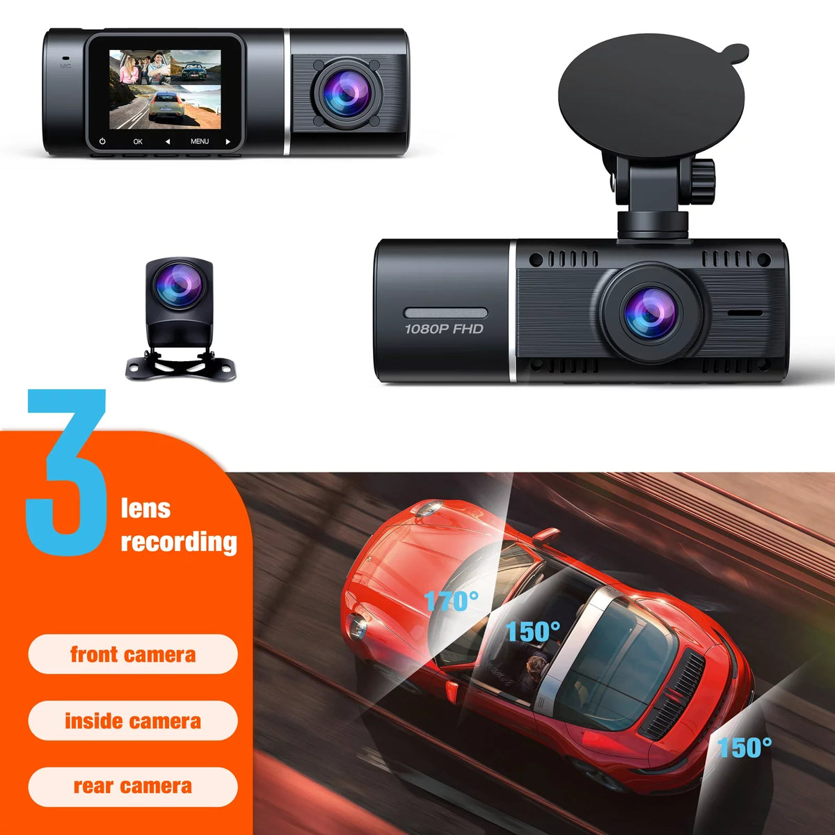 Dash Vision Camera Front Parking Inside Rear Way Three Camera Motion 3 Triple TOGUARD IR Detection Accident Car Monitor with and Cam Dash Channel Lock Night 1080P