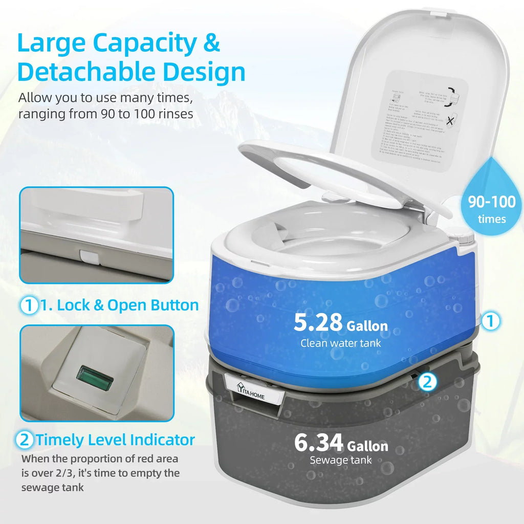 DWVO with Camping Spout Rotating RV 6.34 Portable Toilet Outdoor Level Potty RV Gallon Toilet, Porta Indicator, ,