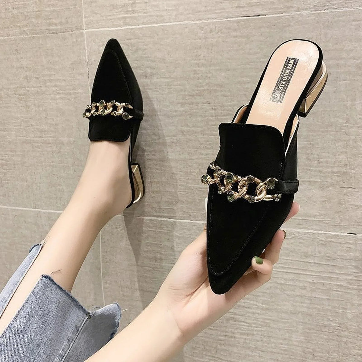 Summer Square Women Slides Square Ladies Toe 2023 black Luxury Mules Footwear Heels Slides Slippers Shoe Chain Shoes Fashion 37 Low