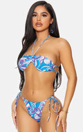 Gathered Two-Piece Bottoms Set Purple Drawstring Blueberry Bikini Bandeau Grenada of Side (M) with Blue Tie