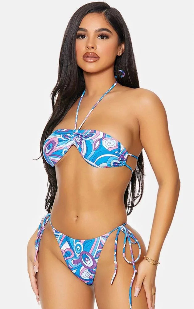 Gathered Two-Piece Bottoms Set Purple Drawstring Blueberry Bikini Bandeau Grenada of Side (M) with Blue Tie