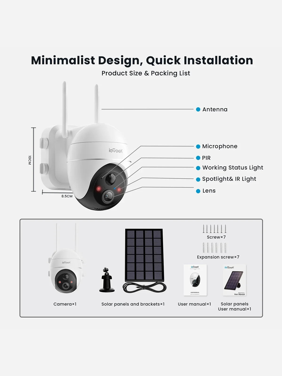 Wireless Detection, Spotlight, Vision, Solar Surveillance Outdoor Home Motion with View Night Security Solar PIR Powered Alexa WiFi 360° Cameras Camera, Color PTZ Outdoor, Battery 2K/3MP Work