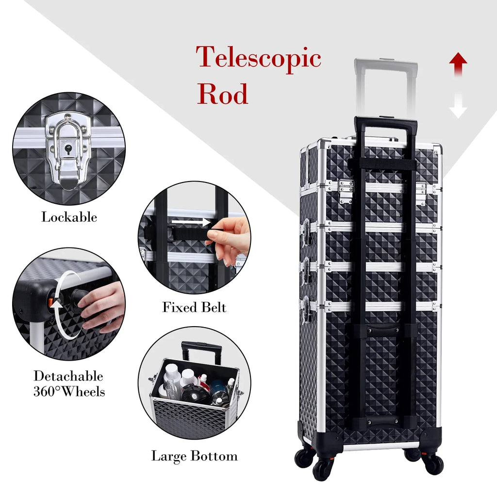 1 Barber in Case Rolling Cosmetic Aluminum Train Box 4 Salon Case Trolley Joligrace Wheels Makeup Case with