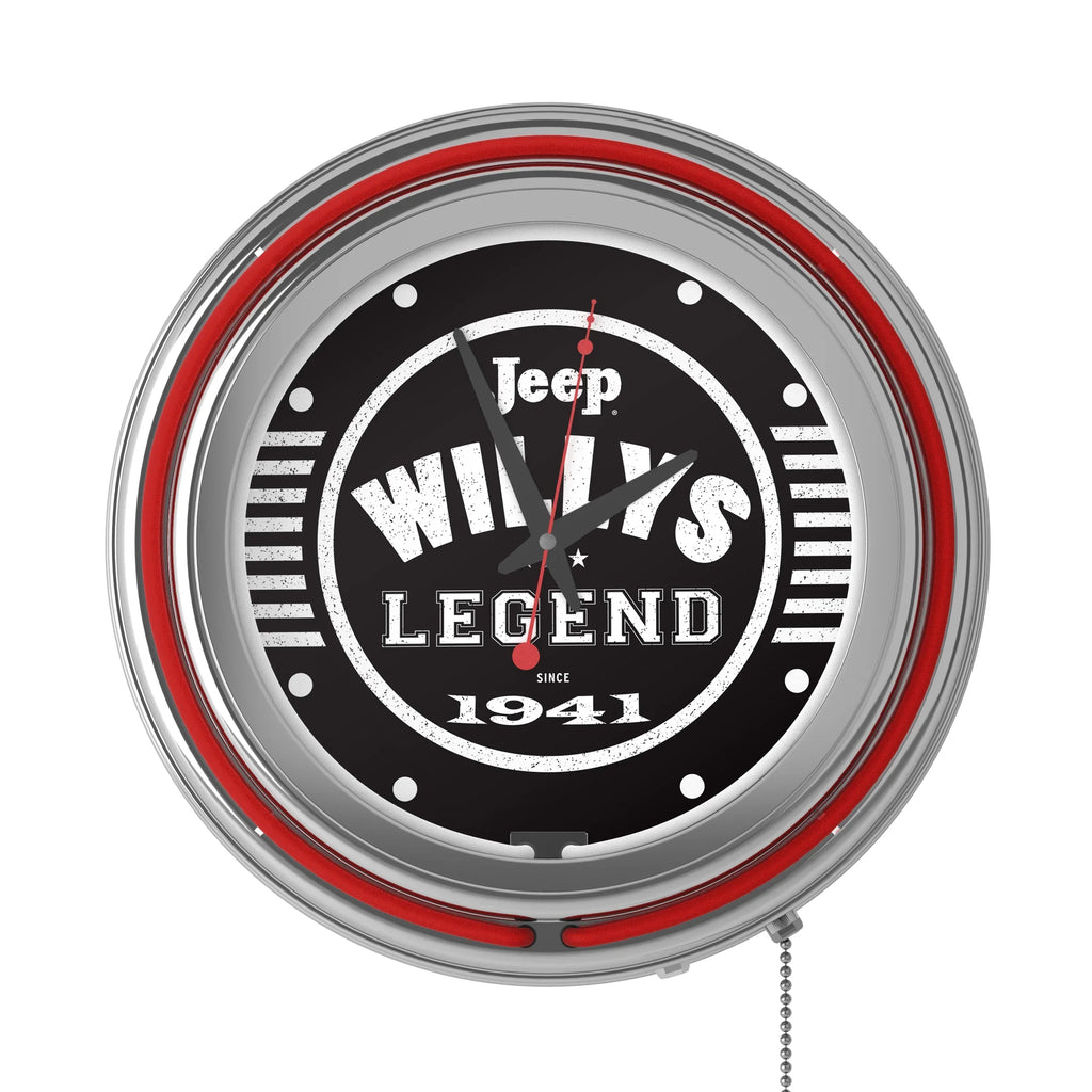 (Red) Accessories Pull Neon with or Willys Double Clock-Jeep Man Wall Clock Legend Cave Chain-Pub, Rung Analog Garage, Black