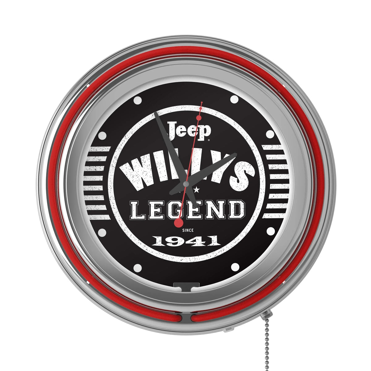 (Red) Accessories Pull Neon with or Willys Double Clock-Jeep Man Wall Clock Legend Cave Chain-Pub, Rung Analog Garage, Black