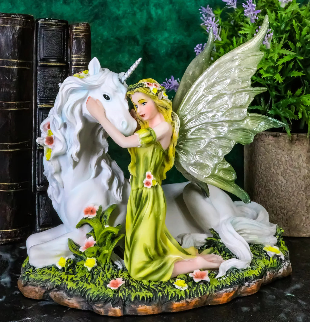 White Figurine Decor Gaia 7"L Rare Unicorn With Green Floral Statue Fairy Earth