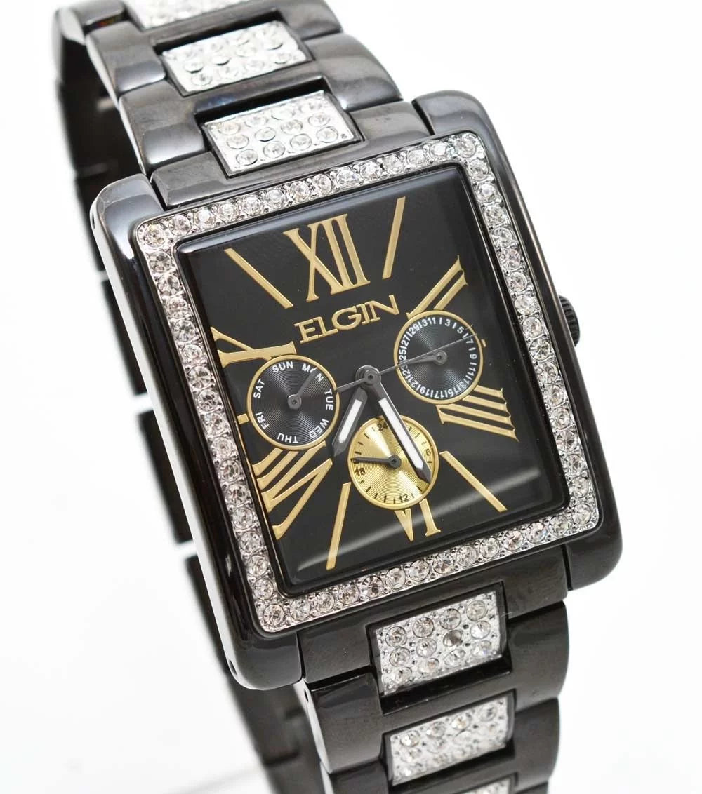 Band Black Crystal FG10003 IP Watch New Elgin Men`s Dial & Multifunction Quartz