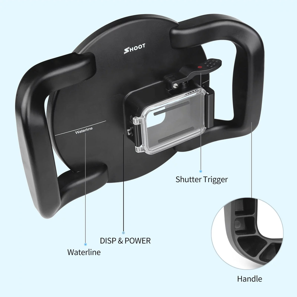 10SHOOT Port and Handle, 45m Dual Dome 180° XTGP559, Wide Black 9 Case Waterproof, for Waterproof Angle