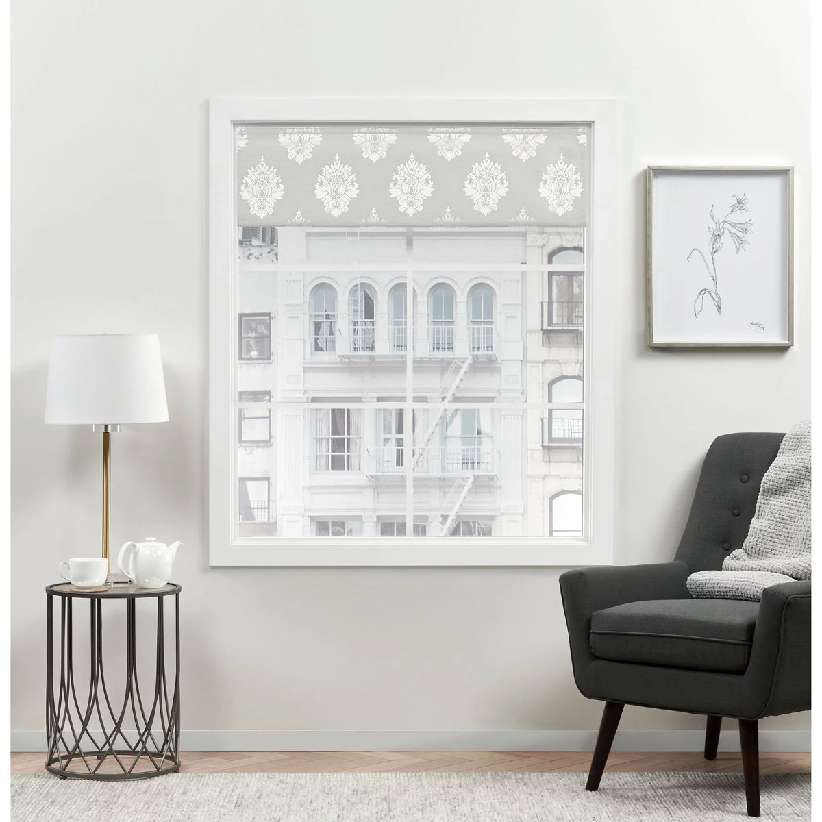100% 34"x64", Marseilles Home Damask Silver Roman Blackout Exclusive Shade,