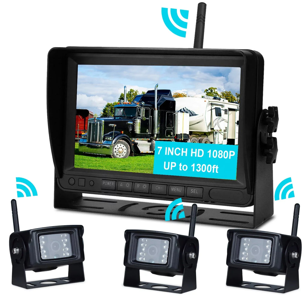 Camera Kit View Wireless AHD Rear Backup 7" 1080P for 3CH Display Trailer Truck