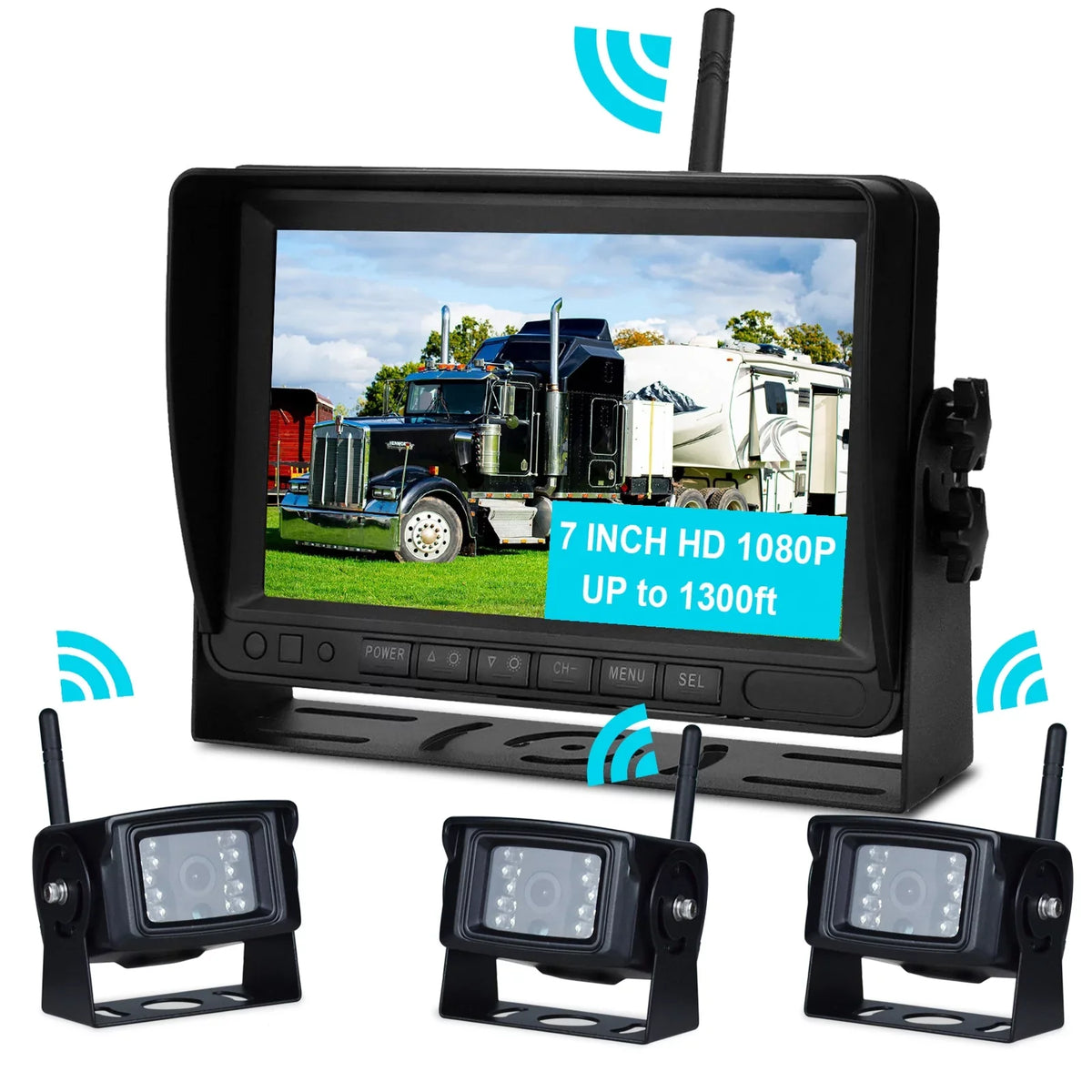 Camera Kit View Wireless AHD Rear Backup 7" 1080P for 3CH Display Trailer Truck