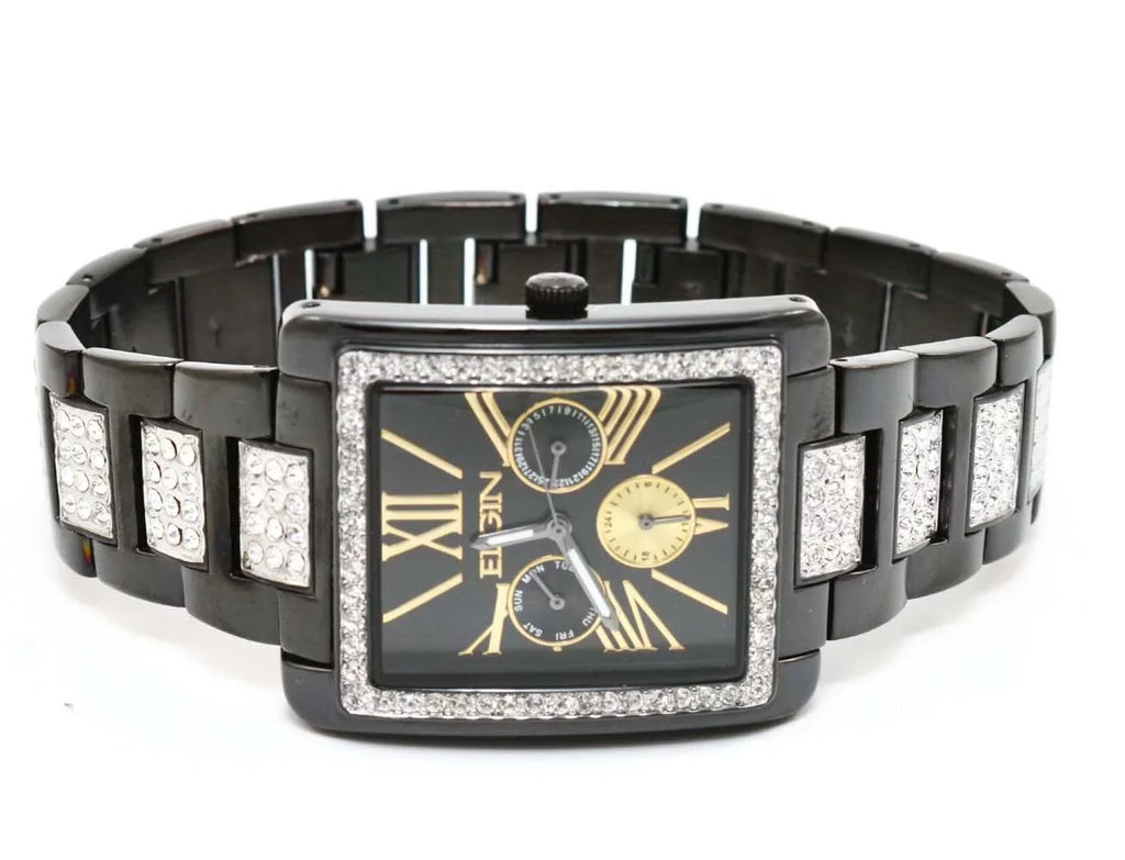 Band Black Crystal FG10003 IP Watch New Elgin Men`s Dial & Multifunction Quartz