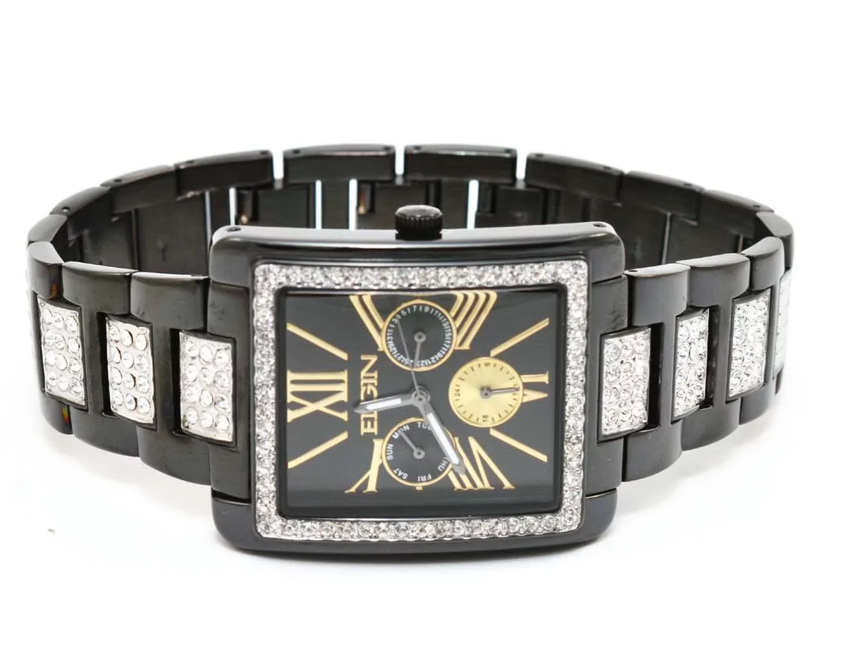 Band Black Crystal FG10003 IP Watch New Elgin Men`s Dial & Multifunction Quartz