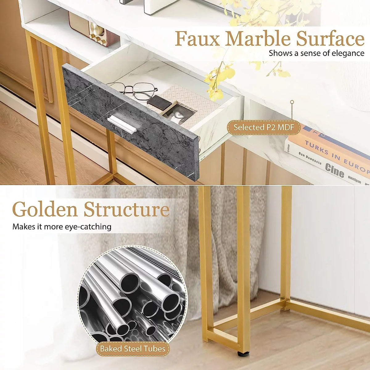 Table Room &amp; Living Entryway Pads Device with Kitchen NLTBONNIE Table Faux Ent Hallway Adjustable for Sofa with Foyer - Room Dining Anti-Toppling Foot &amp; Drawer Marble Console