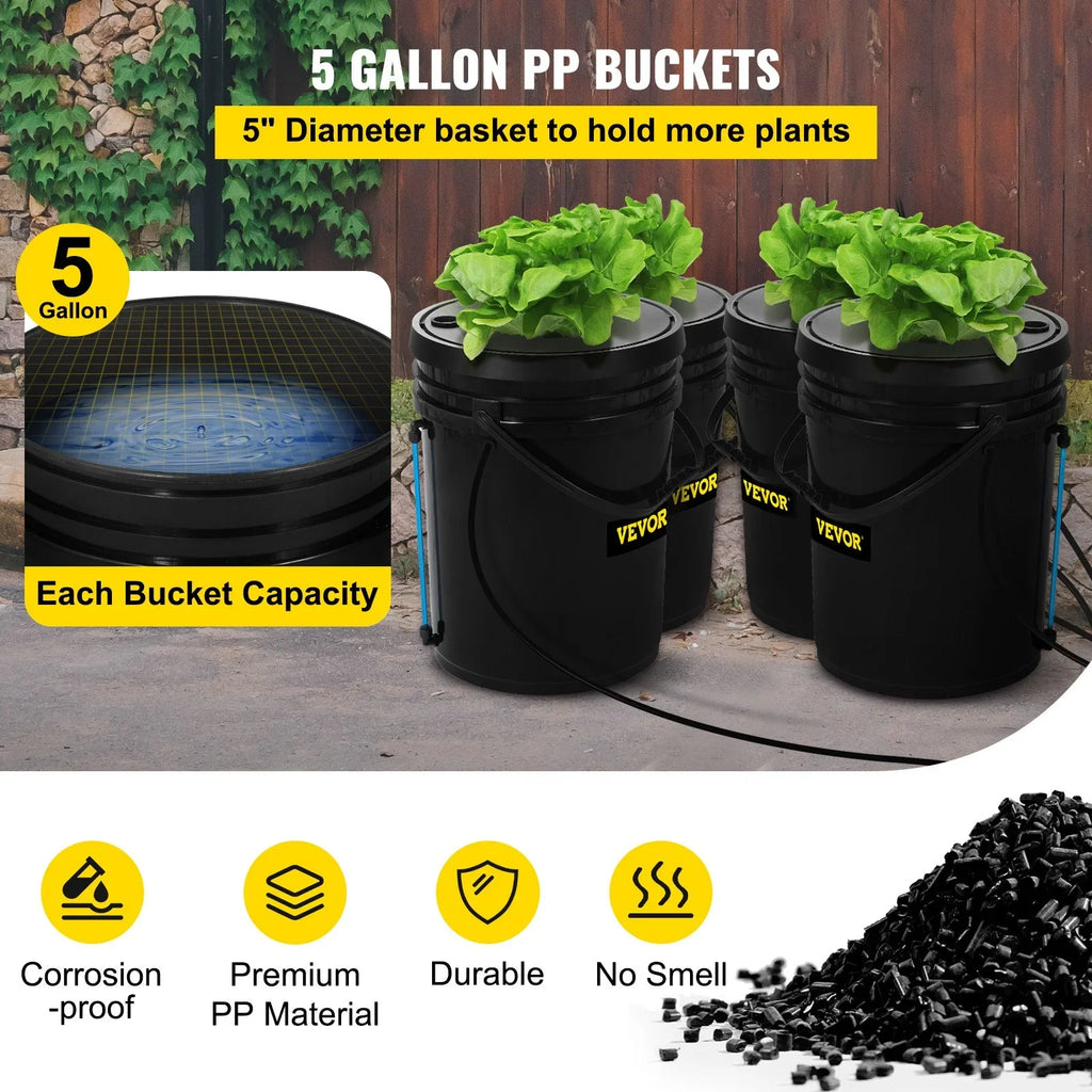 DWC Leafy Water Kit, Pump, Stone Grow Vegetables Indicator for 4-Bucket 5-Gallon, & Hydroponic System with Level Indoor/Outdoor VEVOR Air