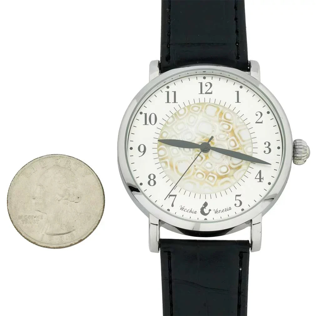 '- Men's GlassOfVenice Watch Band Black Millefiori Leather White and With Murano Glass