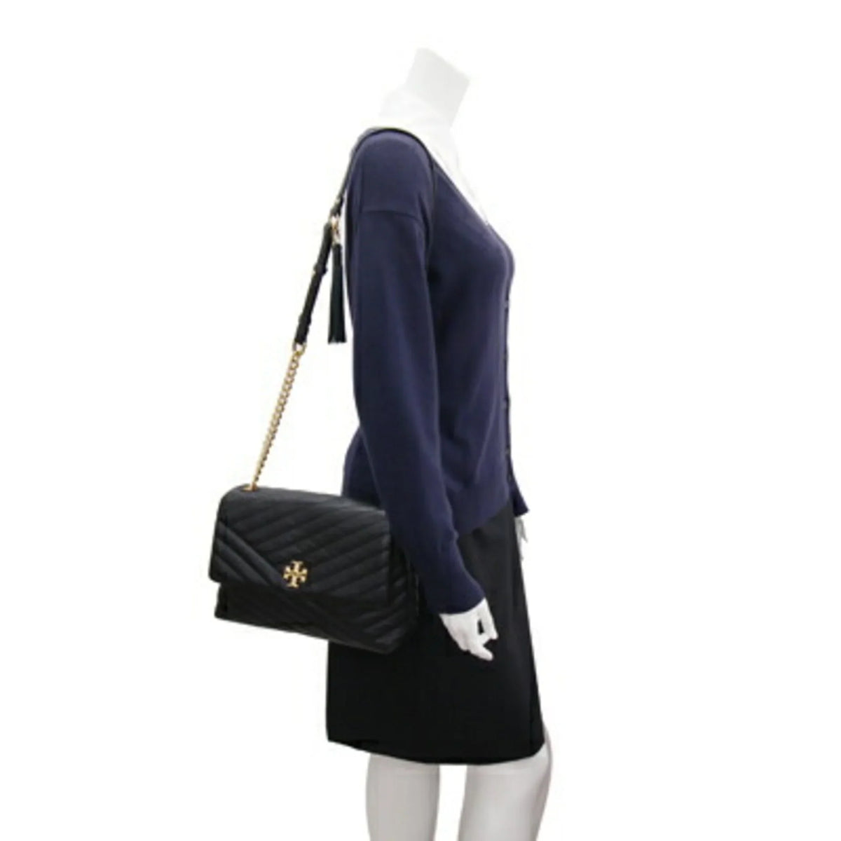 Chevron Chain Burch Black (Good) Bag Pre-Owned Leather TORY 58465 BURCH Quilted Women's Tory Shoulder Kira