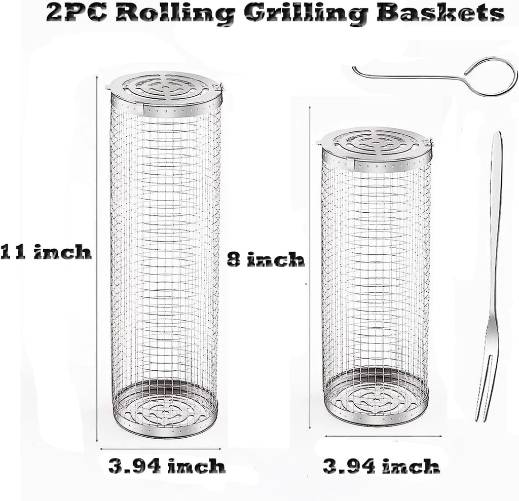 for Grilling BBQ Rolling Basket，Round Fish, Barbecue Outdoor BBQ 2PC ，Portable Barbeque Shrimp, Rack Basket Vegetables, Grilling Griller Cooking Camping Accessories