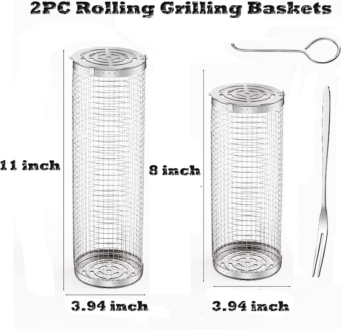 for Grilling BBQ Rolling Basket，Round Fish, Barbecue Outdoor BBQ 2PC ，Portable Barbeque Shrimp, Rack Basket Vegetables, Grilling Griller Cooking Camping Accessories