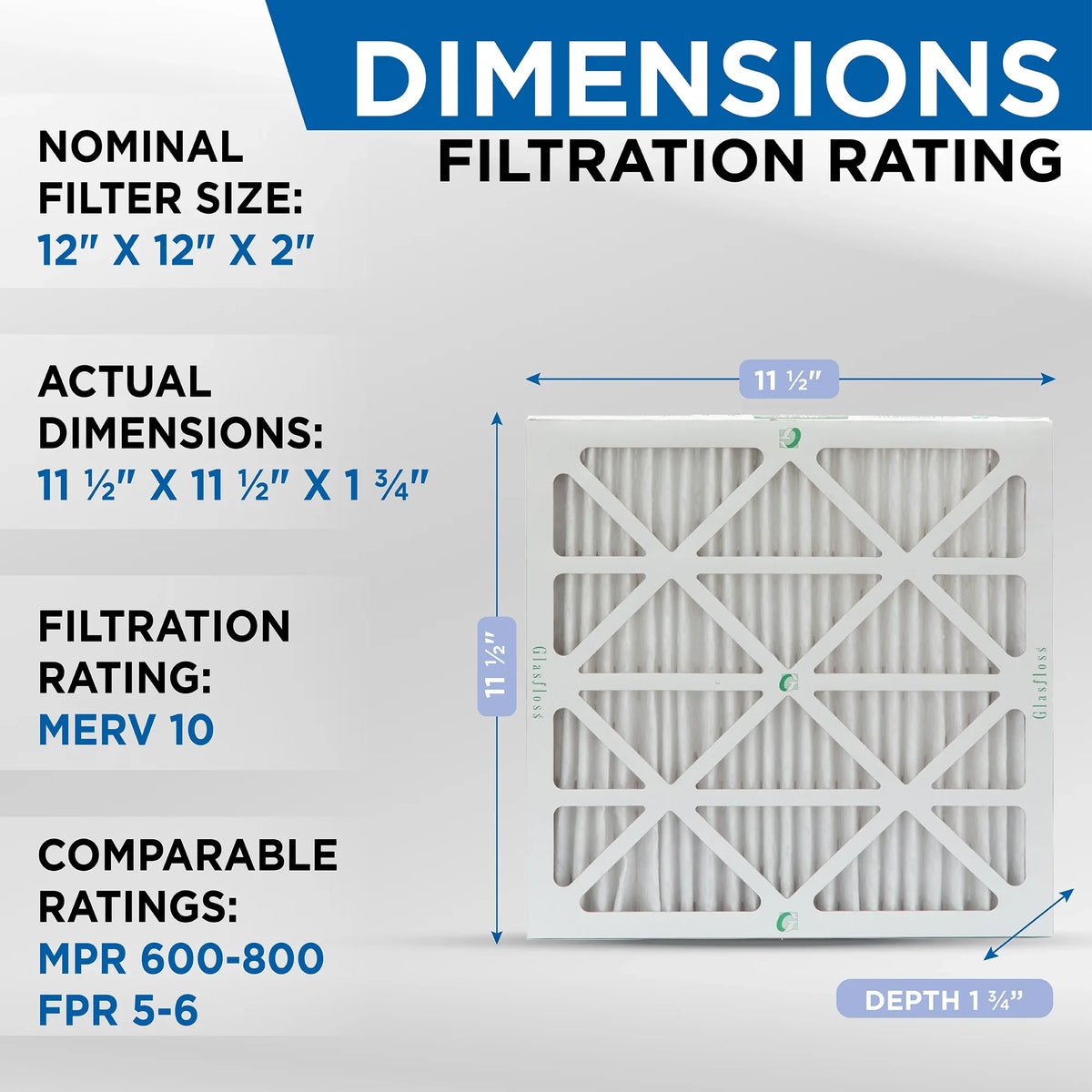 Pack x 11-1/2 Pleated 13 of x 7/8 MERV Actual by Air 12 Filters 12x12x1 Glasfloss. 11-1/2 Size: